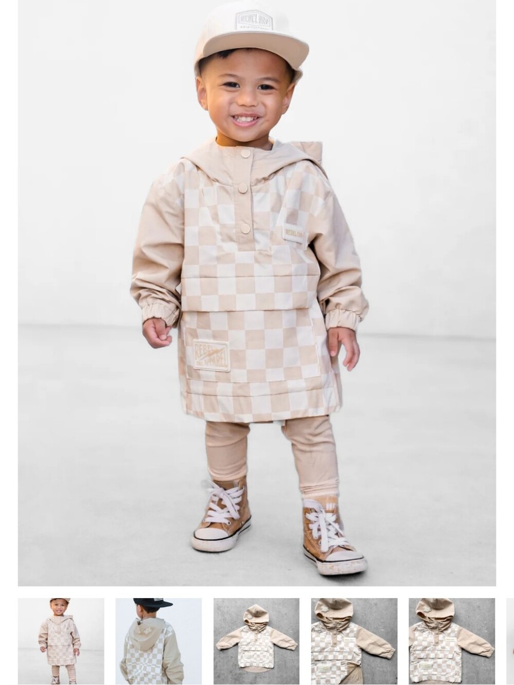Rebel Bro Pullover Windbreaker in Salt + Sand Checkered- 6-7T